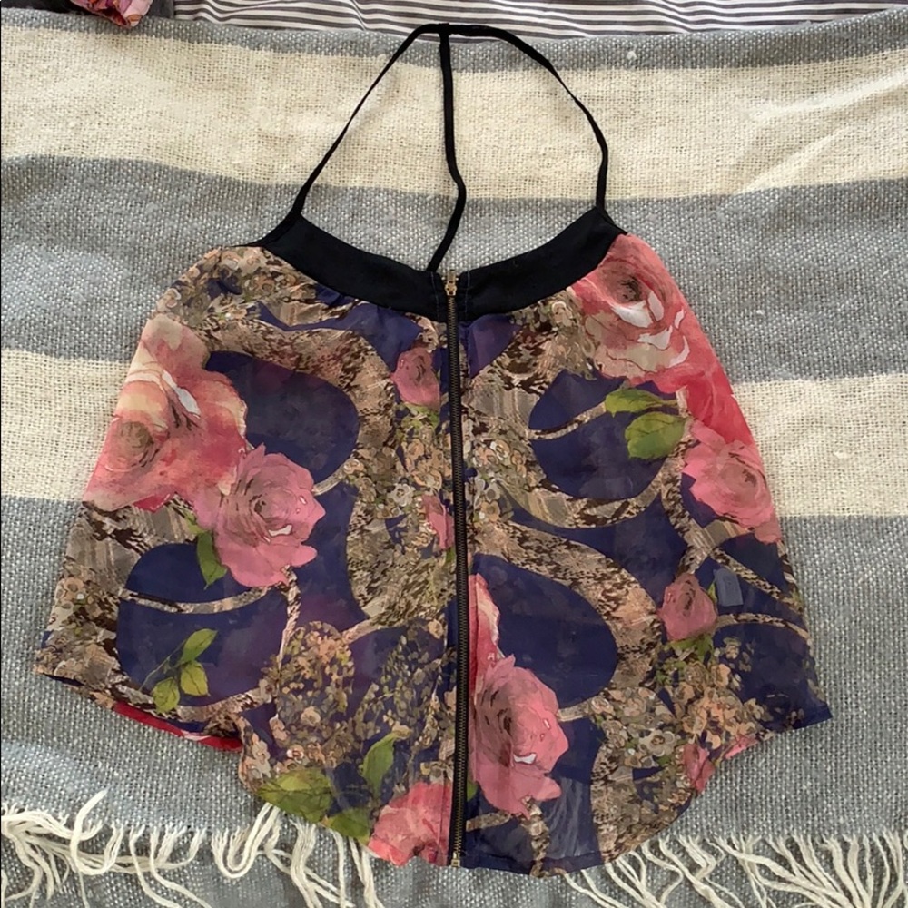 T Back Thin Strap Zipper Front Floral Blouse